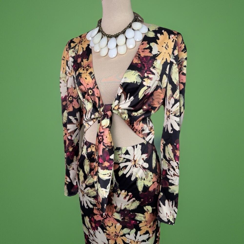 WAYF Tie Front Cut Out Moody Botanical Dress | Maxi Boho |Wedding Guest | Resort